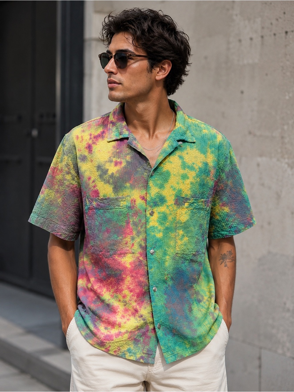 Urban Outfitters Tie Dye Seersucker Camp Shirt Medium 100% Cotton Colorful